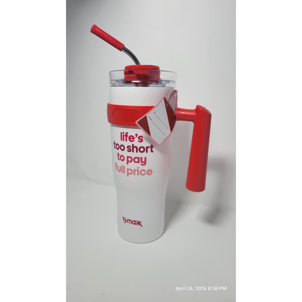 TJ Maxx Insulated Travel Tumbler‎ Mug with Handle and Straw White Red 40oz New